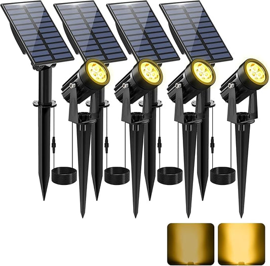Solar Spot Lights Outdoor, Solar Landscape Spotlights IP65 Waterproof 9.8ft Cable, Auto On/Off Outdoor Wall Lights for Garden Yard Driveway Porch Walkway Pool (1-in-1 3000K Warm White 4 Pack)
