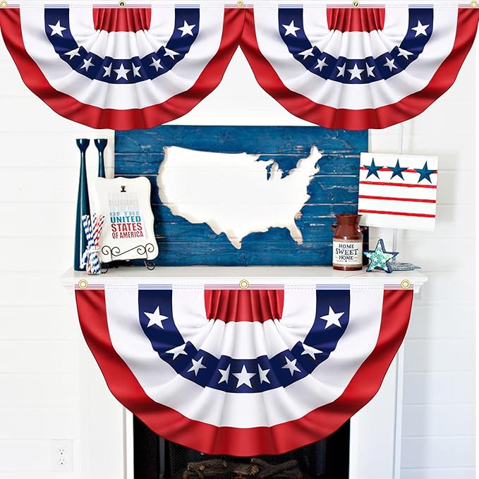 6 Pack USA Pleated Bunting Fan Flags, 1.5 x 3 Ft Patriotic Half Fan Banner American Flag Decoration Bunting for Outside Red White and Blue Decor Independence Day Memorial Day 4th of july Decorations