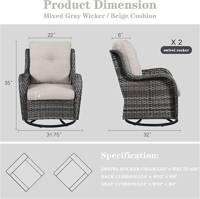 Outdoor Swivel Rcoker Patio Chairs - Outdoor Swivel Patio Chairs Set of 2 Wicker Chair Patio Furniture Sets with Covered Cushion for Porch Deck Balcony Garden, Beige