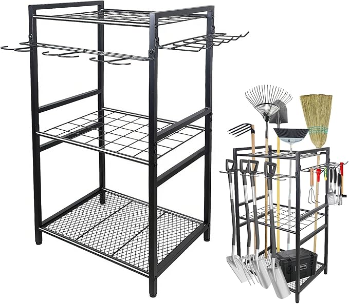 3 Tier Garden Tool Organizer, Yard Tool Tower Rack, Tool organizer up to 78 Tools, Heavy Duty Garden Tool Organizer for Garage, Yard, Patio, Shed, Indoors and Outdoors, Black
