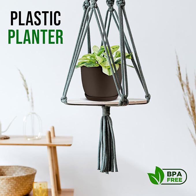 Planter Pots with Drainage Holes - Lightweight, Durable & Space-Saving Pots for Indoor and Outdoor - Versatile Functionality, Simple Modern Design, Set of 5 Plastic Planter Pots - Brown