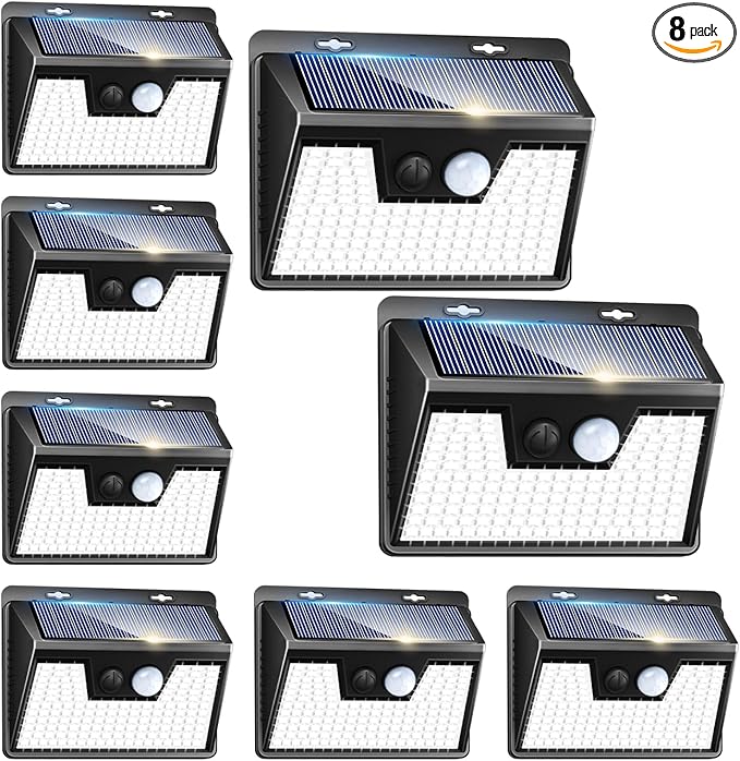 Peasur Solar Powered Lights Outdoor, 140 LED 8Pack Motion Sensor Light Outside, IP65 Waterproof Fence Security Lighting with 3 Modes for Yard Wall Garden Cool White