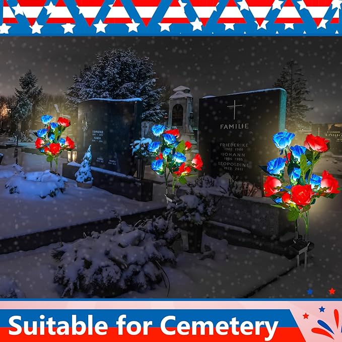 Woanger 4 Pcs Solar Flowers Cemetery Grave Decorations Outdoor LED Flower Lights with 6 Rose Powered Garden Stake Lights Waterproof for Independence Day Grave Decorations (Red, Blue)