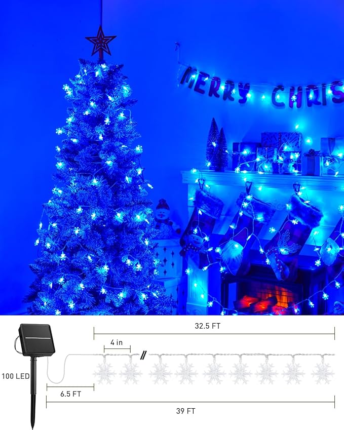 Brightown Solar Christmas Snowflake String Lights 100 LED 39 FT Outdoor Waterproof Fairy Lights with 8 Lighting Modes for Wedding, Party, Tree, Room, Garden, Patio, Yard, Home, Blue