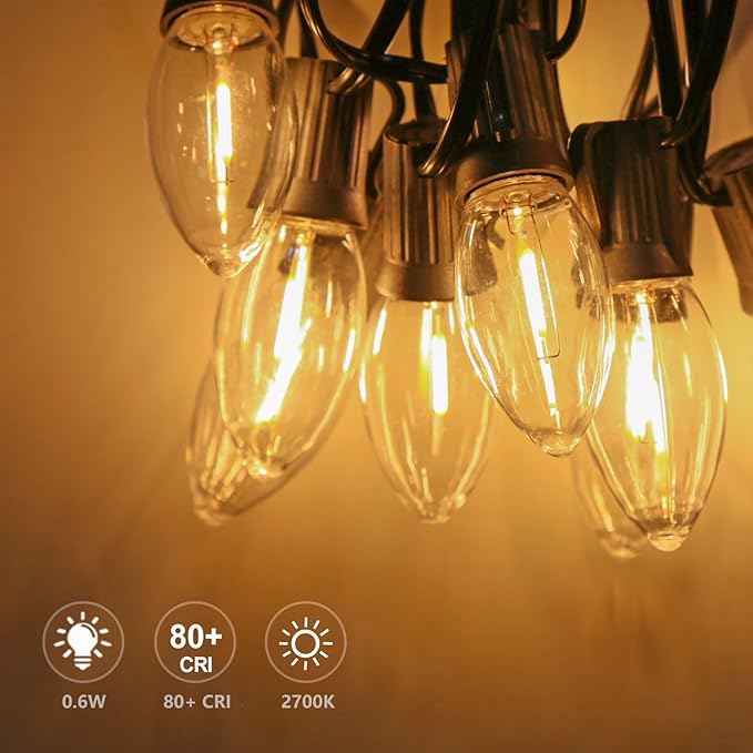 25 Pack C9 LED Replacement Christmas Light Bulbs, Soft White 2700K Waterproof Shatterproof Outdoor String Lights Vintage LED Filament Bulb, E17 Base, Commercial Grade Holiday Decoration Bulbs