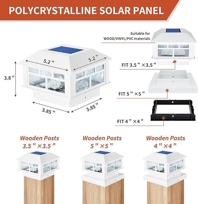 Solar Post Lights Outdoor, 20LM Fence Post Cap Lights, Waterproof, 2 Light Modes, Fit 3.5x3.5in 4x4in 5x5in Wooden Post, Solar Power Deck Lights for Garden Deck Patio Decoration(White 2Pack)