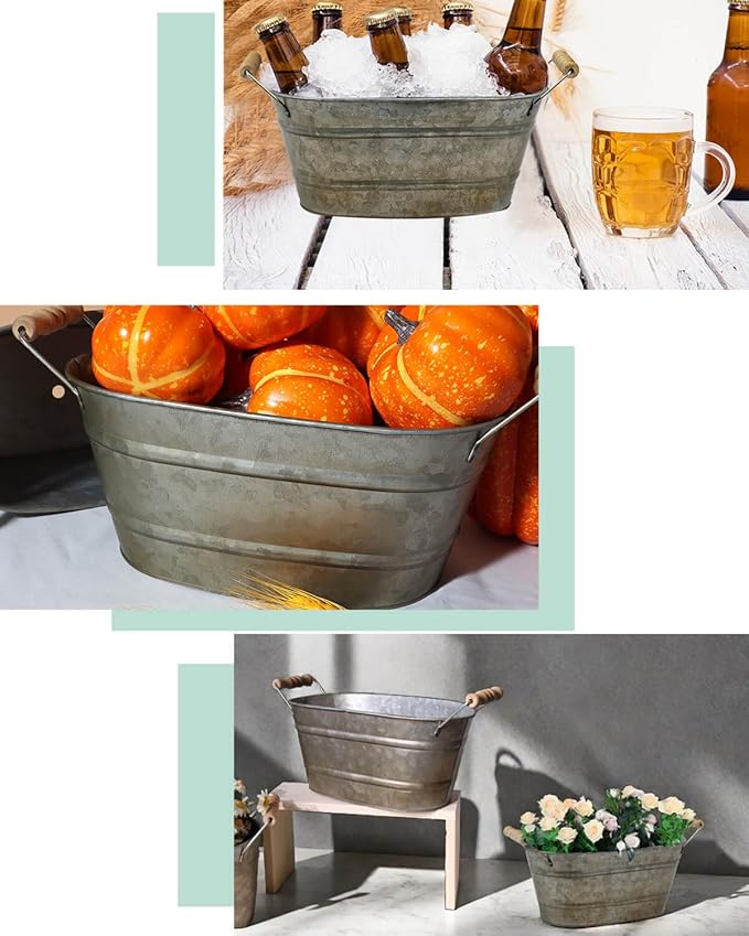 vensovo Galvanized Oval Planter Tubs for Outdoor Plants - Farmhouse Small Metal Tin Buckets with Drain Hole & Rubber Plug Medium Plant Containers with Handles Vintage Style for Decor, Set of 3