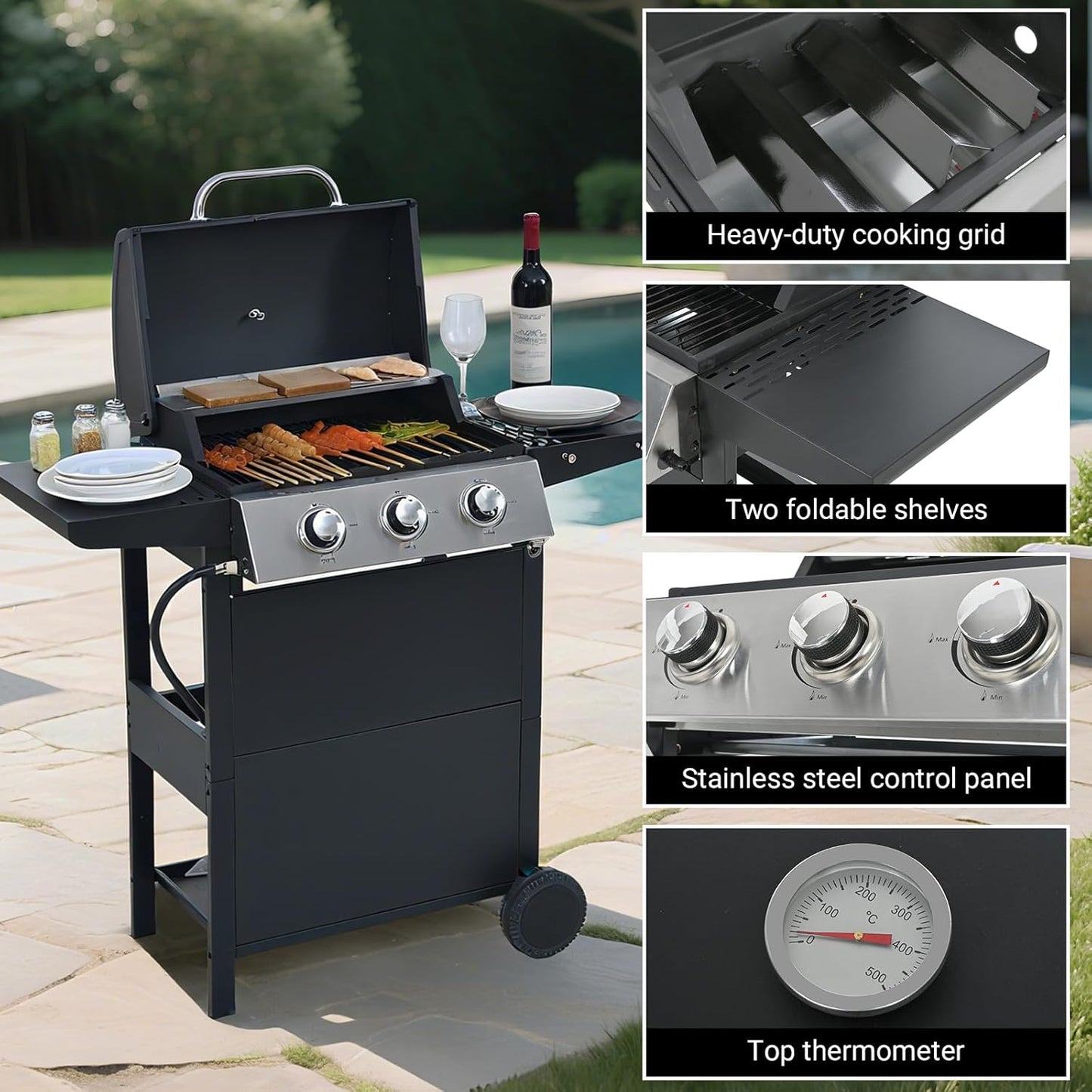 Endark 3-burner propane gas grill | 26,000 BTU stainless steel with enamel wire cooking grates and built-in thermometer | with side rack wheels | great for patio, garden, and outdoor cooking