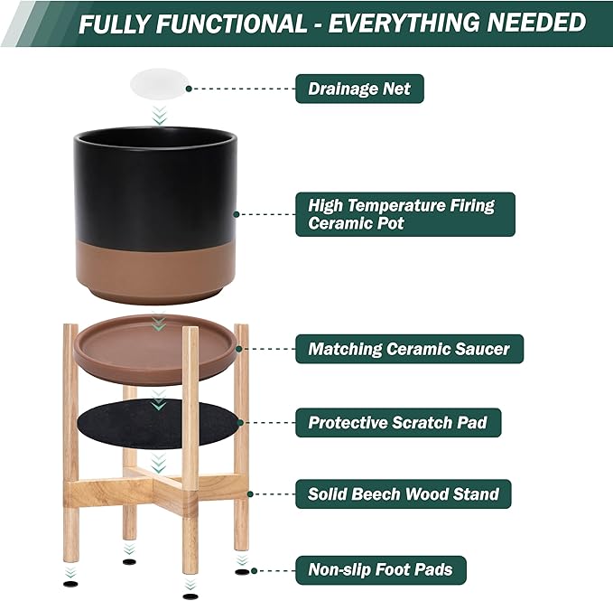 D'vine Dev Ceramic Planter with Natural Stand - 12 Inch Modern Round Flower Pot with Wood Planter Holder, Black/Speckled Tan, 55-B-J-7