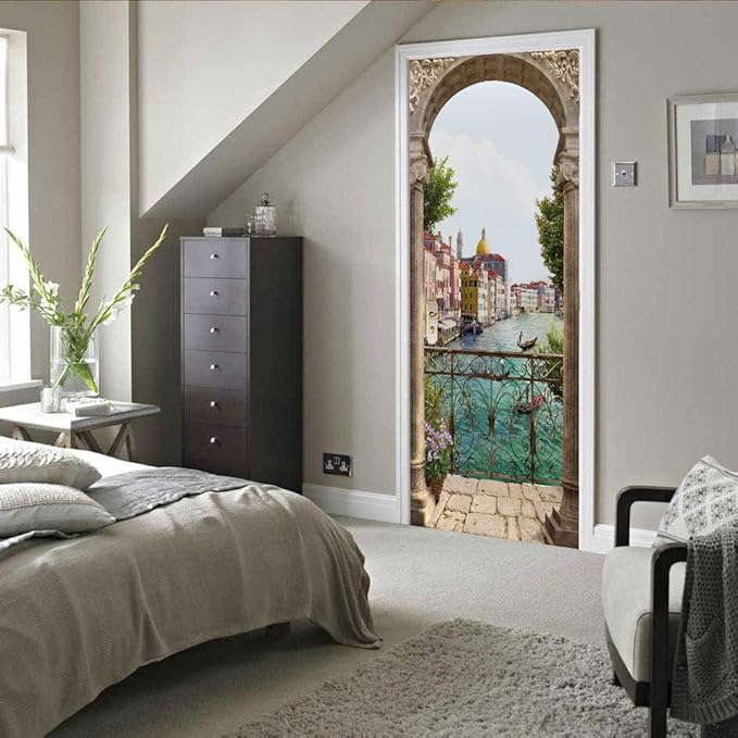 3D Door Stickers Murals - Landscape - Peel and Stick - Waterproof & Washable - Matt Finish - Modern Style - White - 33.9" x 78.7" - 2 Pieces