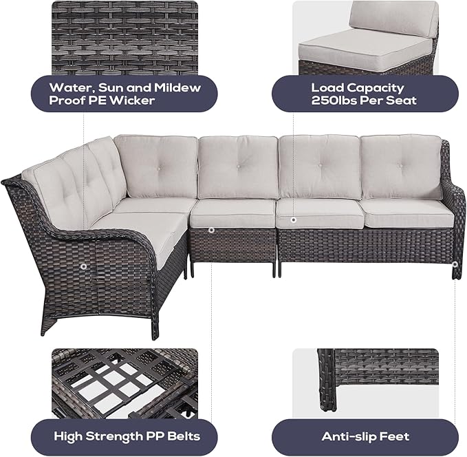 Outdoor Furniture Sectional Sofa L Shaped Couch - Patio Wicker Set with Coffee Table, 3 Piece Rattan Patio Conversation Sets with Beige Cushion for Deck Backyard Sunroom