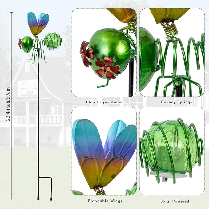 Insects Solar Garden Lights, 22.4" H Butterfly & Bee & Dragonfly & Ladybug Solar Stake Light, 4 Pcs Outdoor Statues Figurine Lights for Spring Garden Lawn Patio Yard Decoration