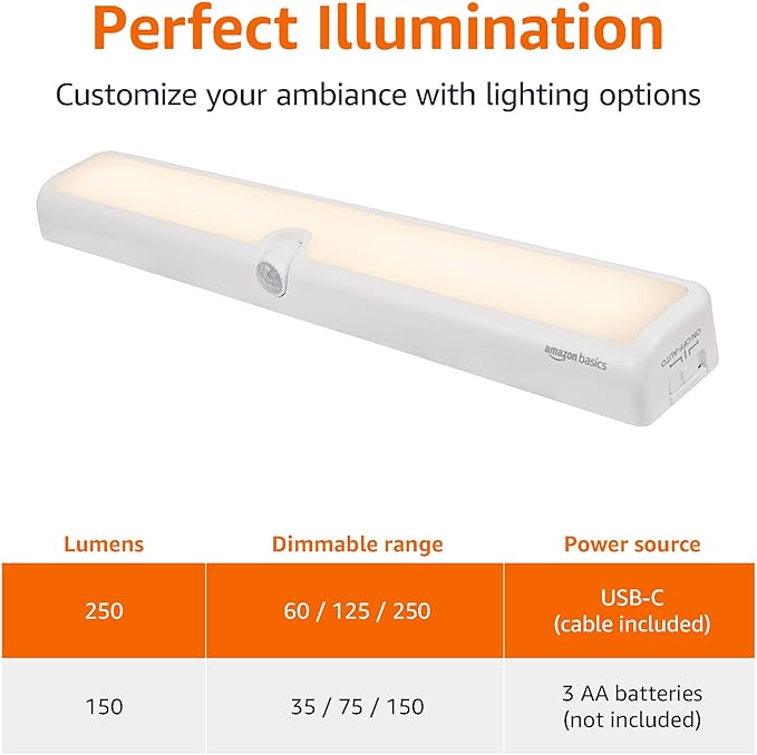 Amazon Basics LED USB/Battery Operated Light Bar, Swivel Motion Sensor, Stick on Lights, 250 Lumens, 12 Inches, Under Cabinet Lighting, Closet, Kitchen, 2 Pack, White