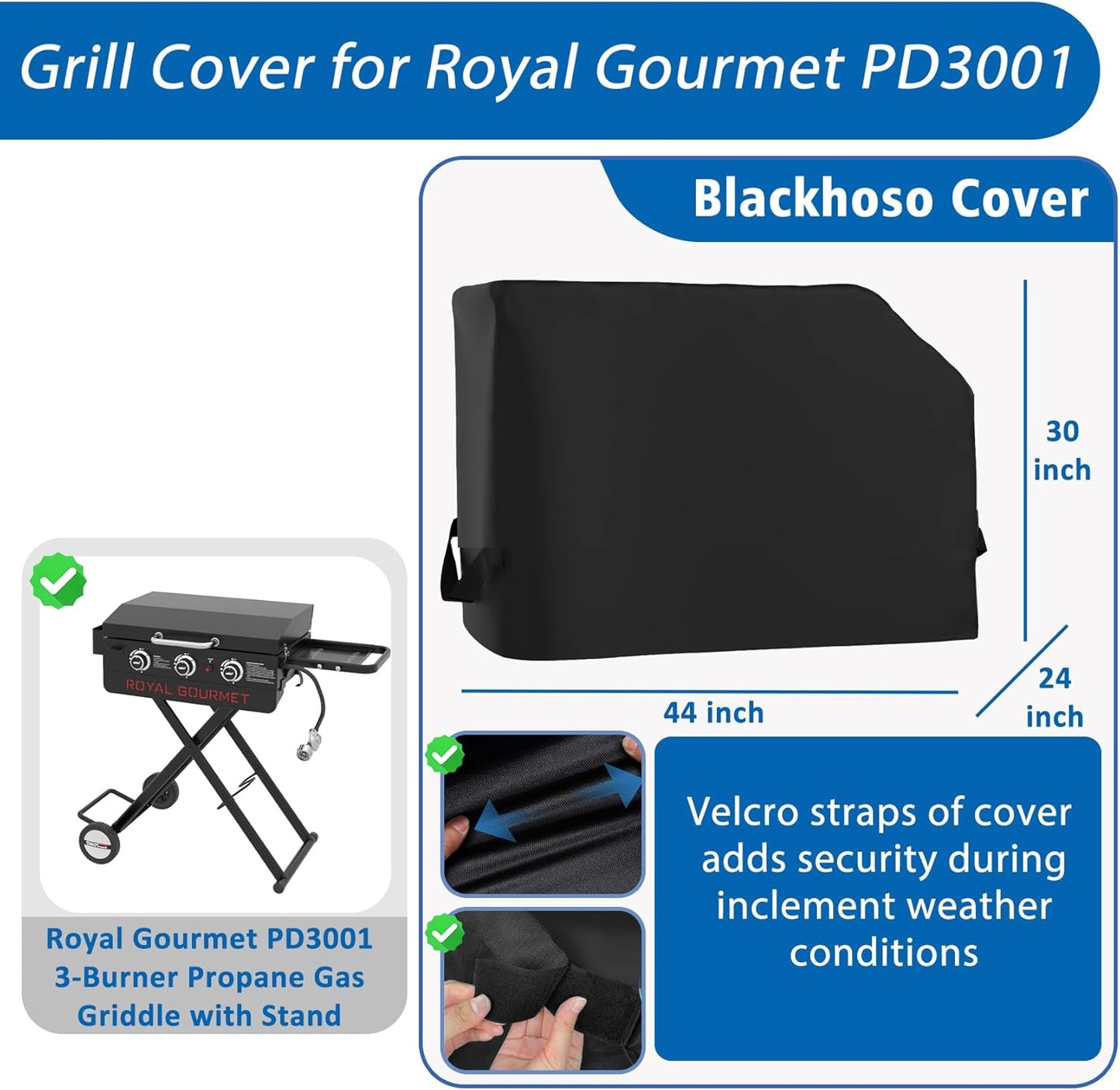 Griddle Cover for Royal Gourmet PD3001 3-Burner Propane Gas Griddle with Collapsible Stand, 600D Heavy Duty Wateproof UV Protected Cover for Scissor Legs Griddle, 44" x 24" x 30"