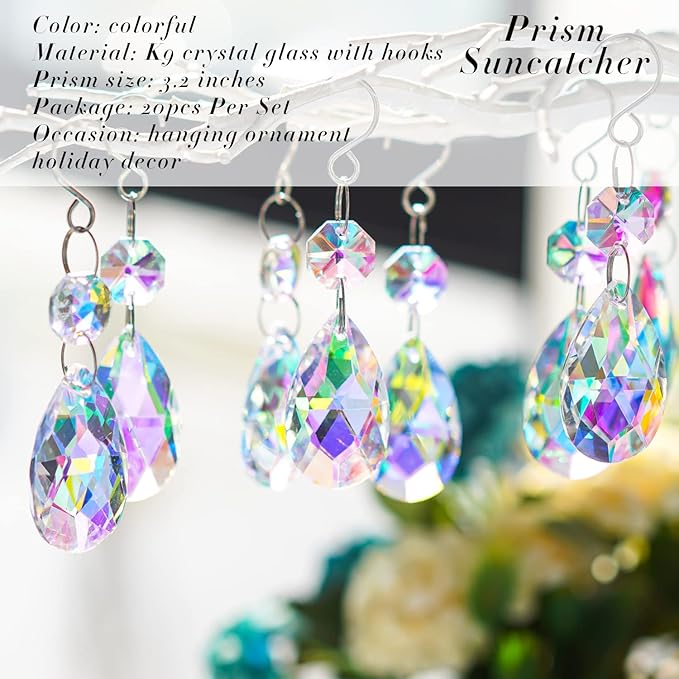 20Pcs Chandelier Crystals,38mm Colorful Teardrop Crystal Chandelier Pendants Parts Beads,Hanging Crystals for Chandeliers