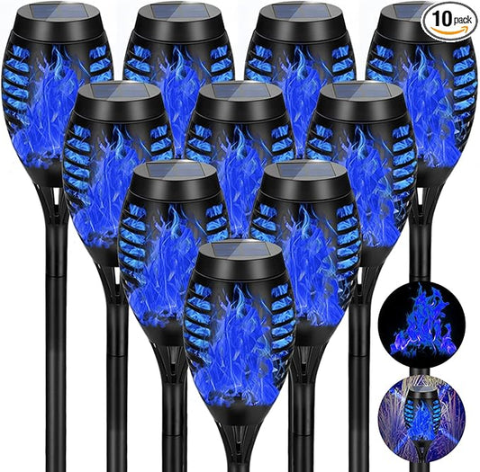 Solar Lights Outdoor, Upgraded 10 Pack Blue Solar Torch Light with Flickering Flame for Garden Decor, Waterproof Outdoor Lights Solar Powered, Tiki Torches for Outside Yard Patio Pathway Decor