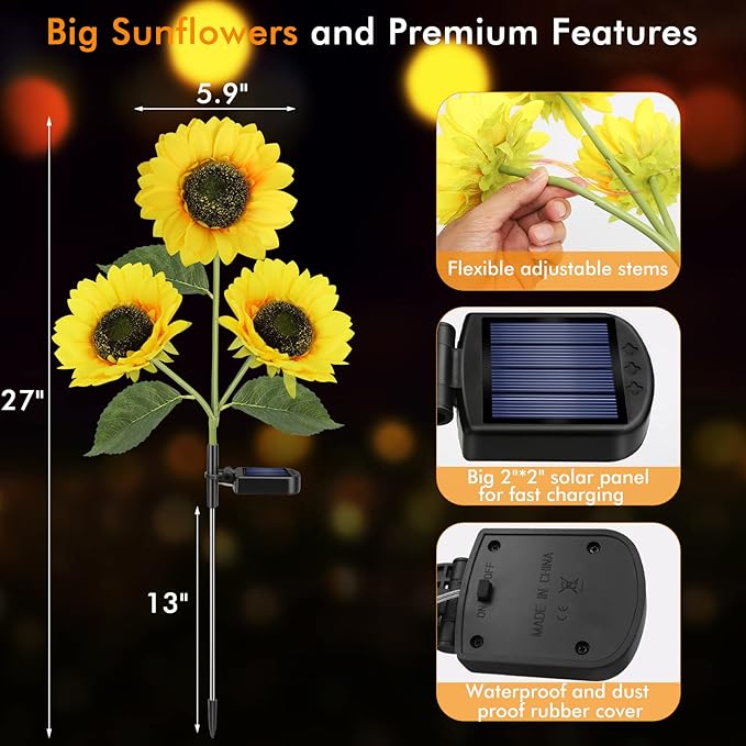Solar Sunflower Lights, 800mA Solar Garden Light with Real Looking Flowers Outdoor Waterproof Solar Stake Lights for Back Yard, Flower Bed, Pathway, Patio, Porch, Spring Decoration (2 Pack)