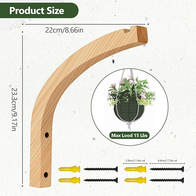 FGSAEOR Plant Hanger, Wall Planters for Indoor Plants, Wooden Wall Mounted Hanging Plant Hooks, Basket Hooks for Lanterns, Flower Bracket, Wind Chimes, Decoration (2-Pack,8-Inch)