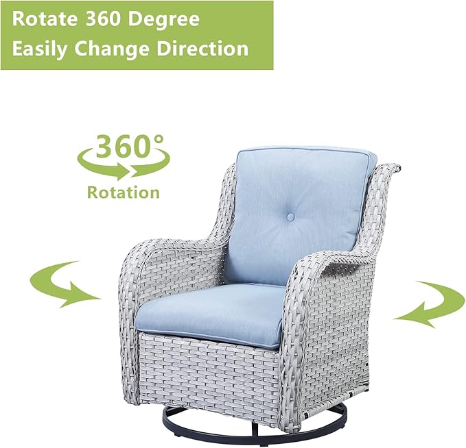 Outdoor Patio Swivel Rocker Chairs - Wicker Rattan Patio Swivel Rocking Chairs Set of 2 with High Back,Deep Seating and Comfort Cushions for Deck Porch Garden,Light Grey/SkyBlue