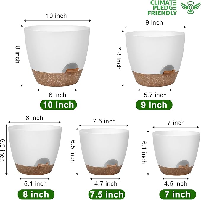 Plant Pots 10/9/8/7.5/7 Inch Self Watering Pots, Set of 5 Plastic Planters with Drainage Holes and Saucers,Plastic Flower Pots,Nursery Planting Pot for Indoor Out Door Plants（White）