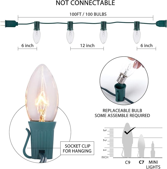 C9 Clear Christmas String Light Set, 100 Feet Vintage Christmas Tree Lights, Outdoor Roofline String Lights with 100 Clear Bulbs for Patio Garden Holiday Indoor Home Decorating, Not Connectable