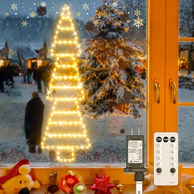 LED Christmas Lights Outdoor, 4.6ft Ladder Lights, Plug-in Christmas Tree Hanging Lights, Waterproof 8 Light Modes Christmas Decoration Lights for Indoor, Wall, Window, Garden - Warm White