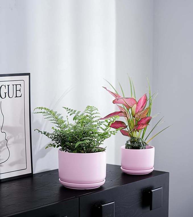 Ton Sin Plant Pots, 4.1+5.1+6.5 inch, Set of 3, Ceramic Planters with Drainage Hole and Saucer, Indoor Flower Pot with Hole Mesh Pad, Gifts for Mom(Matte Pink)
