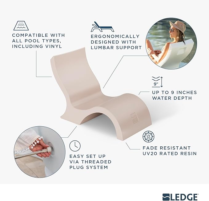 Ledge Lounger - Signature Lowback Chair - for in-Pool or On-Deck Use - Water Depths 0-9” - Compatible with All Types - Resin Water Chairs - for Pool, Sundeck, Patio - Set of 2 - Granite Gray
