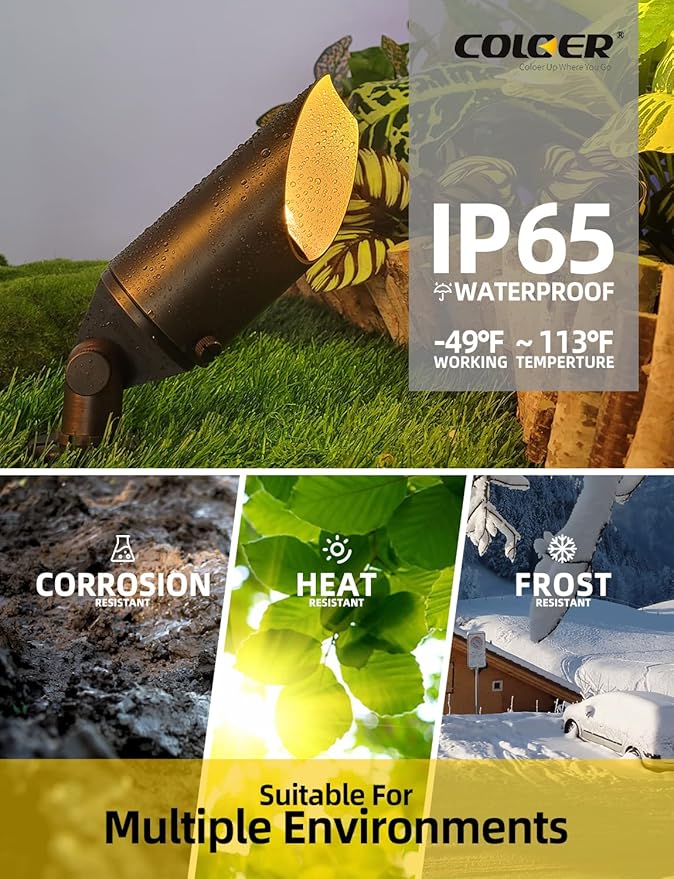 COLOER Die-cast Brass Landscape SpotLights Outdoor, 12V AC/DC Low Voltage Lighting, IP65 Waterproof Garden Patio Trees Directional Spot Up Light(103B, Bronze, 10-Pack Without Bulb)