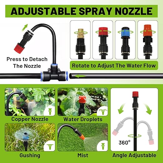 Garden Drip Irrigation Kit, 100ft Black Hose, 360° Pure Copper Closeable Nozzle, Patio Misting Plant Watering Sprinkler, Faucet Separator, Sprinkler Hose Adapter (24 360° nozzles + 24 T-connectors)