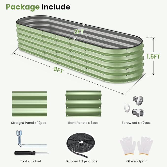 Oval 8x2x1.5 FT Galvanized Raised Garden Bed Kit, 31 in 1 Large Metal Planter Box for Outdoor Gardening, 18” Garden Bed for Vegetables Flower Herb(Sage Green)