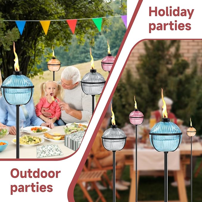 Citronella Torches Set of 4, 16 oz Glass Garden Torches for Outside, 3-Prong Grounded Stake Outdoor Torches, 58.6 inch Outdoor Torch for Yard, Patio, Deck, Party