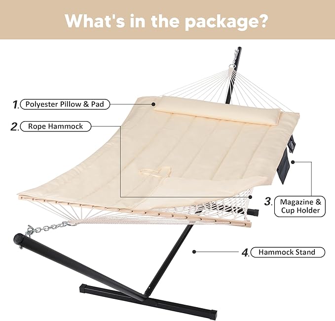 SUNCREAT Two Person Hammock with 12ft Stand Included, Max 475lbs Capacity, Heavy Duty Free Standing Hammock, Beige