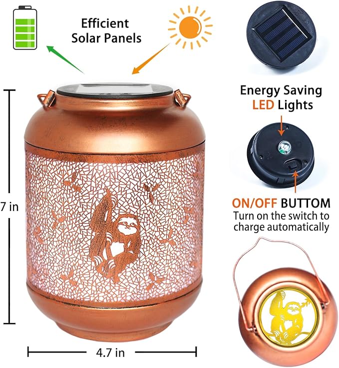 Sloth Solar Lanterns Outdoor Waterproof Hanging Solar Lights Sloth Gifts for Women Men Mom Metal Decorative LED Outdoor Lanterns for Patio, Lawn, Landscape, Garden Decor, Yard Decorations