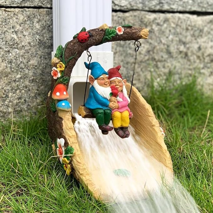 Gnome On The Swing Gutter Downspout Extension Decoration,Rain Downspout Diverter Garden Statue,Decorative Gutter Extension,Downspout Splash Block,Animal Resin Statue Outdoor Décor