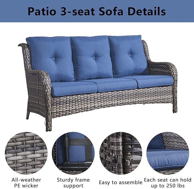 Outdoor Wicker Furniture Patio Set - 7 Piece Backyard Furniture Grey Rattan Conversation Sets with Swivel Rocker Chairs, Rattan Sofa, Club Chairs and Coffee Table, Blue Cushion