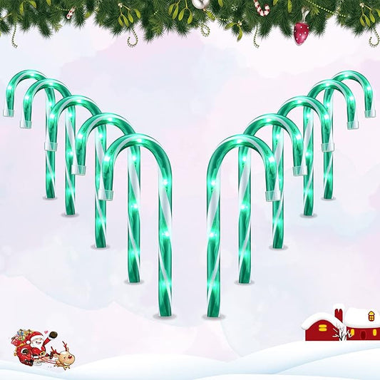 VCOKEN 10'' Christmas Candy Cane Pathway Markers Lights - Set of 10 Christmas Stakes Lights Outdoor Pathway Decorations, Connectable & Light Up Xmas Holiday Party Yard Indoor Outdoor Ornament, Green