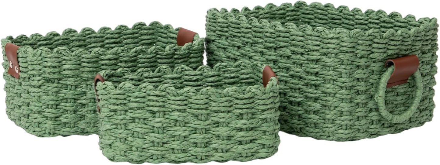 Small baskets for Organizing,Cute woven Storage basket with recycled paper rope for Shelves Bathroom,Little decorative basket,Set of 3 (Dark Green)