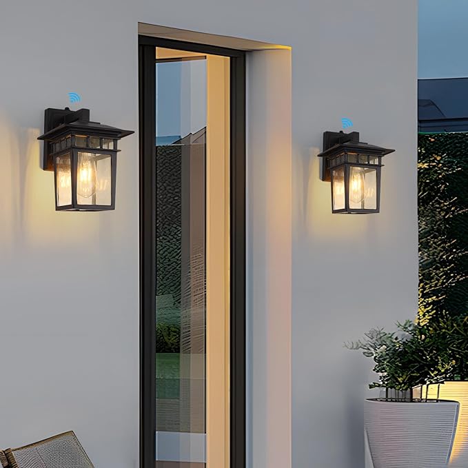 Outdoor Wall Lantern, Exterior Lighting Fixtures Wall Mount, 2 Pack Black Outdoor Sconce with Seeded Glass, Dusk to Dawn Exterior Porch/Patio Lights for House Front Door Garage