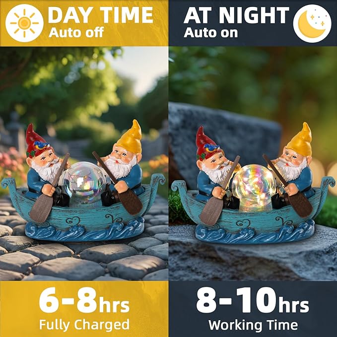 Solar Gnome Boating Garden Statues with Ball Light 4.6" Resin Gnomes Figurines Decorations for Yard Patio Lawm Porch Balcony Funny Housewarming Birthday Gardening Gifts for Women Moms