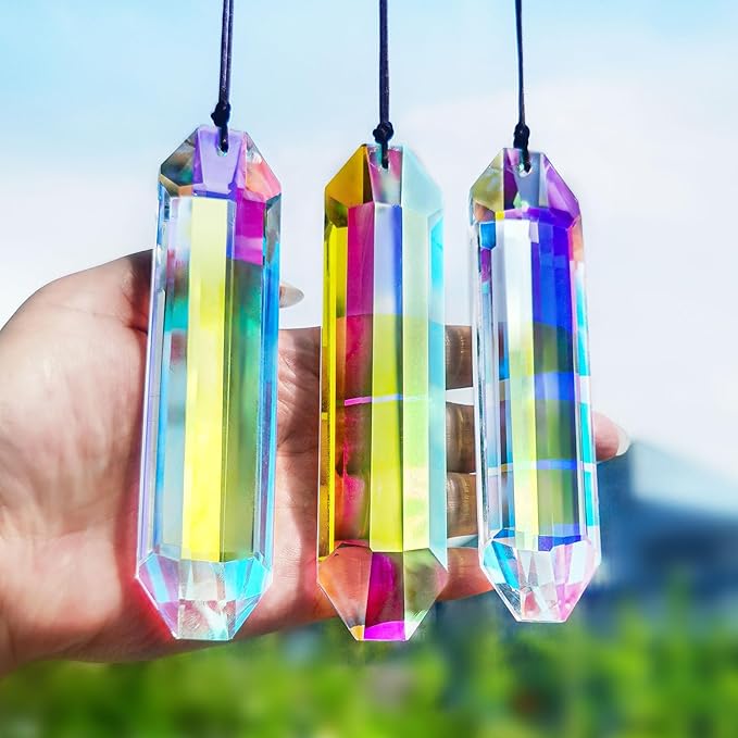 HDCRYSTALGIFTS 3 Pack 5" Large Crystal Sun Catcher Prisms for Windows, AB Colored Suncatcher Crystals Window Indoor Hanging Rainbow Maker Prisms for Home Garden Decor