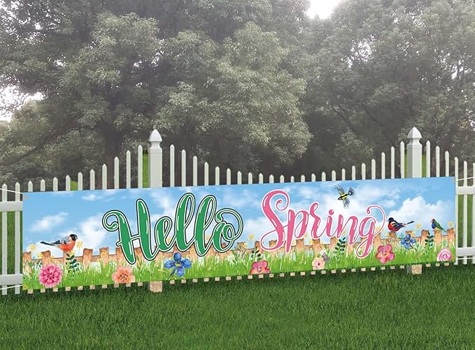 Hello Spring Large Banner Birds with Flowers Banner,Welcome Home Outdoor Flag Sign Decorations Holiday Party Polyester Outdoor Decor with Brass Grommets 8.2x1.64 Ft