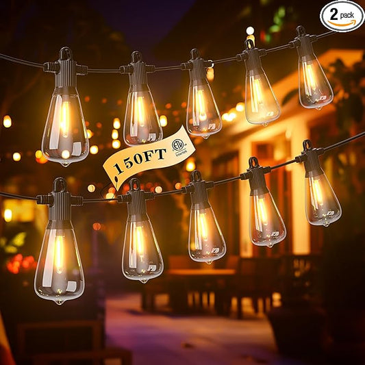 FOOMAN LED Outdoor String Lights, 150FT Outside Waterproof Patio Lights with 72+3 Shatterproof ST38 Edison Bulbs, 2700K Warm White Hanging Light, Dimmable Light for Back Yard Porch Party Gezebo