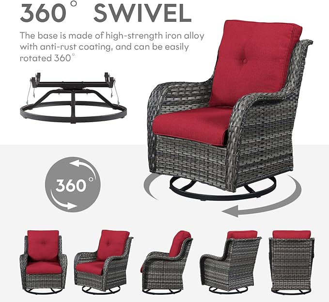 5 Piece Outdoor Patio Furniture Set - Wicker Furniture Patio Conversation Set, Outdoor Swivel Rocker Chairs with Loveseat Sofa and 2 Ottomans for Small Space, Red Cushion