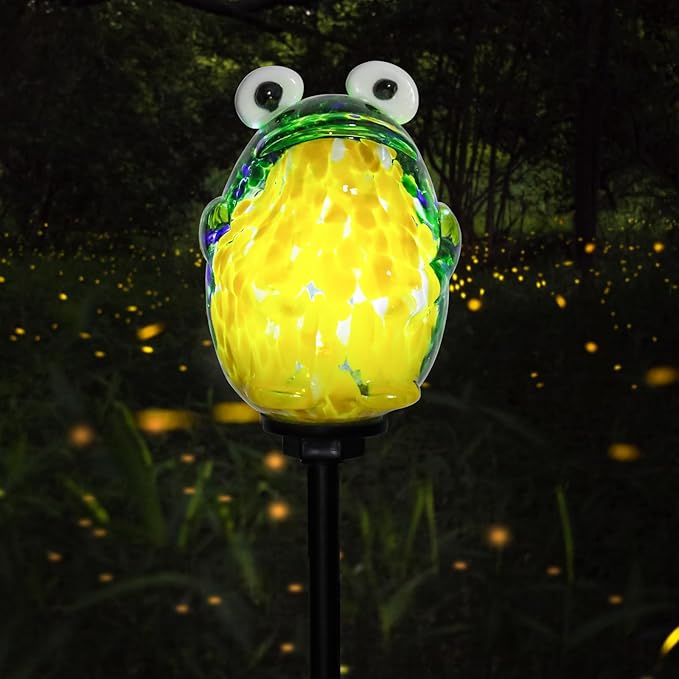 Afirst Solar Frog Garden Stake Lights Hand Blown Glass Decorative Garden Pathway Lights Outdoor Waterproof Animal Glass Stakes