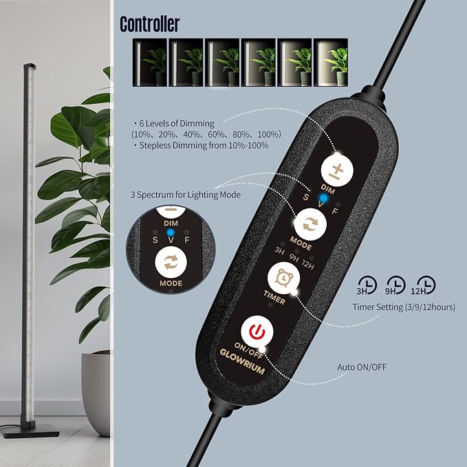 GLOWRIUM Standing Grow Light for Indoor Plants, 30in Full Spectrum Vertical Plant Light,3 Light Modes, Auto-Timer,6-Level Dimmable, Suitable for Wide Area Coverage in Indoor Plants (2-Section)