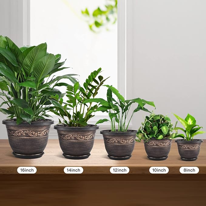 Plastic-Plant-Flower-Planters-14 Inch with Drainage Hole & Saucer, 3 Packs Lightweight Large Resin Flower Pot Indoor Outdoor, Retro Antique Imitation Decorative Garden Containers Sets for Houseplants