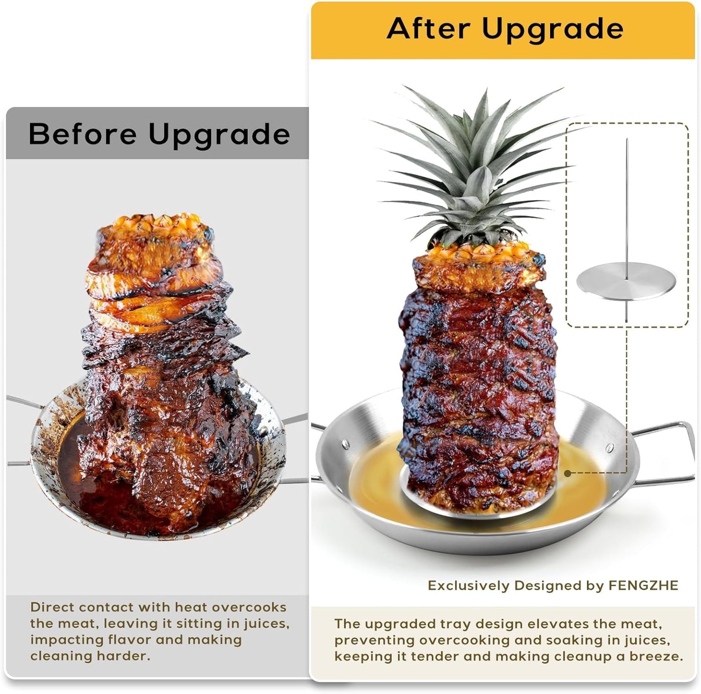 Fengzhe Al Pastor Skewer for Grill：Stainless Steel Vertical Skewer, Brazilian Spit Stand with 3 Spikes,2 Brushes,Ideal for Tacos Al Pastor,Shawarma, Kebabs on Smoker, Oven,with Fat Separator Tray