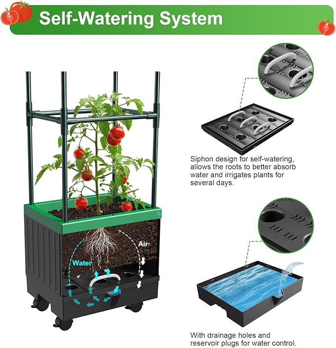 Raised Garden Bed Planter Boxes with Trellis,1pcs 70.9"Self-Watering Tomato Planter Boxes with Trellis for Climbing Vegetables Plants Flowers Tomato with Wheels,Use for Indoor Outdoor (Black)