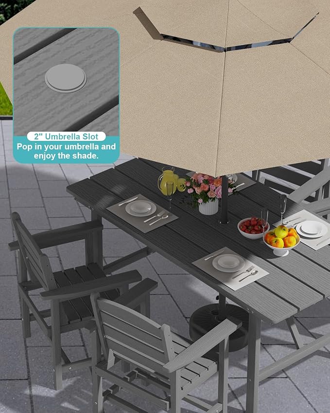 Patio Dining Set for 4 with Umbrella Hole - 66" Outdoor Table & 4 Chairs, All-Weather HDPE Outdoor Furniture for Lawn, Garden, Backyard, Poolside, Gray